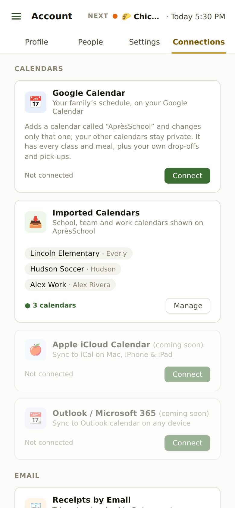 Account → Connections on a phone: the Google Calendar card, and the Imported Calendars card listing Lincoln Elementary for Everly, Hudson Soccer for Hudson and Alex Work for Alex, with a Manage button.