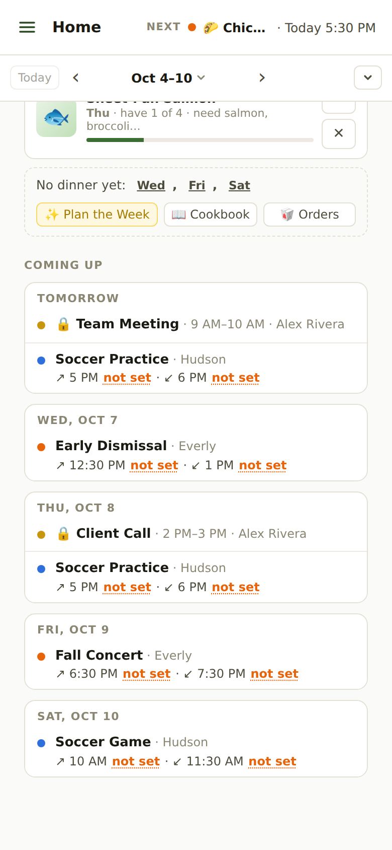 Home's Coming Up on a phone: Soccer Practice for Hudson tomorrow, with the drop-off at 5 PM and pickup at 6 PM both marked not set in orange; Team Meeting for Alex with a lock.