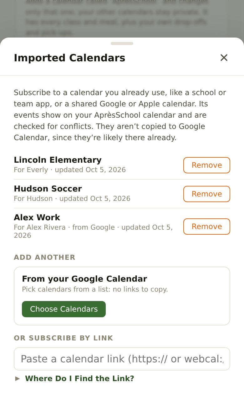 The Imported Calendars popup: the calendars already added with Remove buttons, then From your Google Calendar with Choose Calendars, and a box to paste a calendar link.