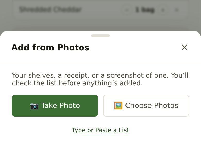 The Add from Photos popup with Take Photo and Choose Photos buttons and a Type or Paste a List link.